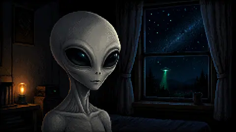 Original Otherworlders pixel-art interpretation of the pale large-eyed Communion visitor archetype