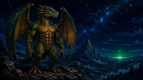 Original Otherworlders pixel-art portrait of a large winged reptilian Alpha Draconian from modern alien lore