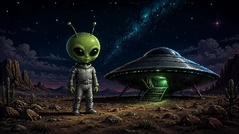 Original Otherworlders pixel-art field-guide illustration of the Little Green Men popular-culture archetype