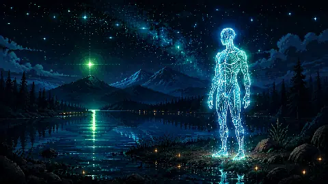 Original Otherworlders pixel-art illustration of a structured humanlike form composed of light and plasma