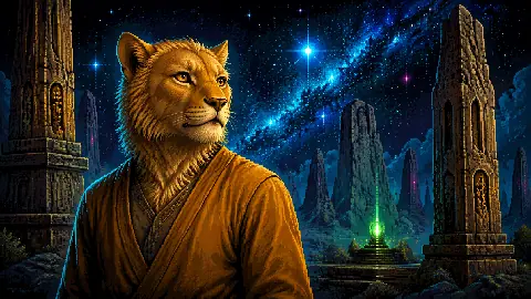 Original Otherworlders pixel-art portrait of a feline humanoid Lyran star being from channelled cosmology