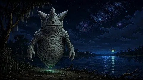 Original Otherworlders pixel-art illustration of the wrinkled three-projection being described in the 1973 Pascagoula encounter