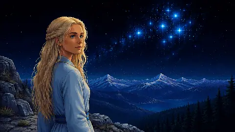 Original Otherworlders pixel-art portrait of a fair-featured Pleiadian contactee being beneath the Pleiades star cluster