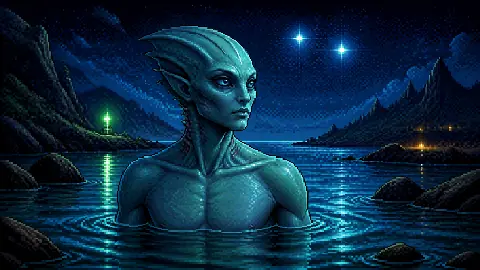 Original Otherworlders pixel-art interpretation of an amphibious humanoid from modern Sirian alien lore