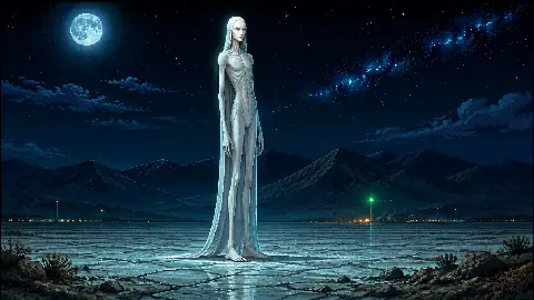 Original Otherworlders pixel-art illustration of the extremely tall, slender and chalk-white humanoid described in Tall White lore
