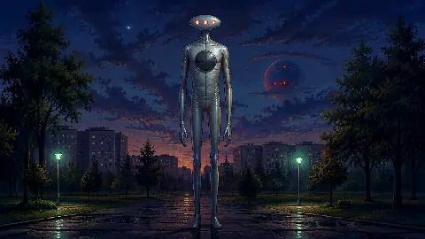 Original Otherworlders pixel-art illustration of the very tall three-eyed entity reported in Voronezh in 1989