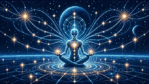 Pixel art Arcturian meditating beneath connected streams of starlight