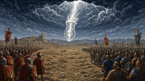 Pixel art flaming silver object falling between Roman and Pontic armies near Otryae