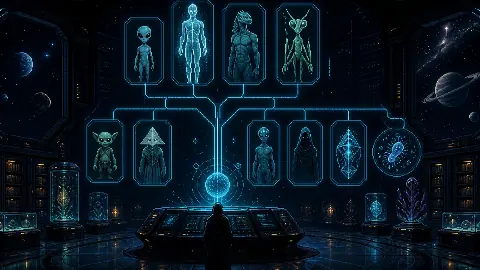 The Xenology Archive showing several distinct reported alien archetypes connected through a holographic taxonomy