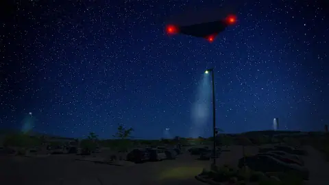 FBI digital reconstruction showing three red lights at the corners of a dark triangular shape, associated with a Colorado Springs witness account from October 2023.
