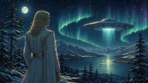 Nordic alien contact scene beneath an aurora and hovering craft