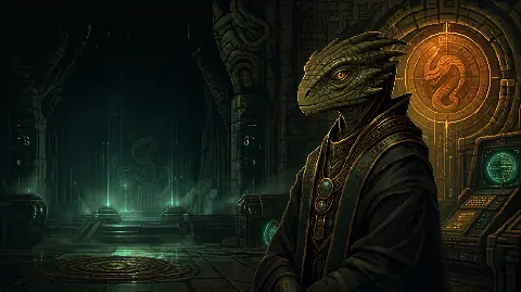 Reptilian alien silhouette in an underground archive chamber