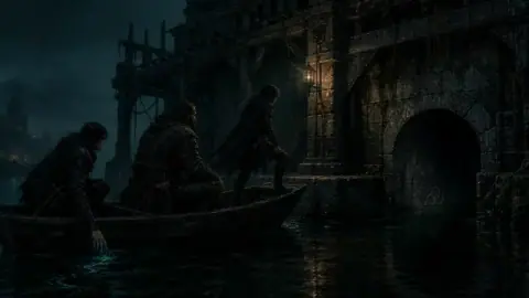 Illustration of Leaf, Bralen and Aldric approaching a riverside vault by boat