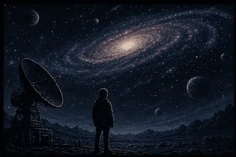 Pixel art of a radio telescope and an observer looking towards a distant galaxy