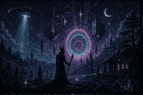 Pixel art of an otherworldly forest, a glowing portal and an unidentified craft