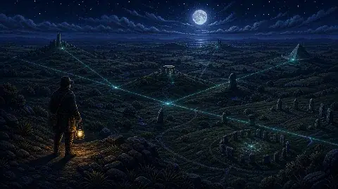 Pixel-art illustration of ley lines and a landscape of ancient sites