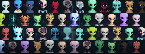 A collection of colourful Other Worlders pixel-art NFT characters