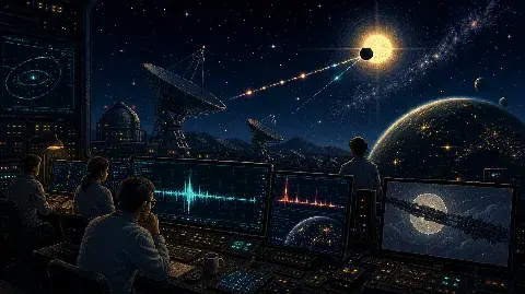 Pixel-art illustration of the scientific search for technosignatures