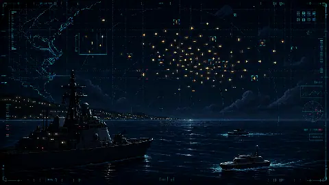 Pixel art Navy ship tracking a large cluster of airborne contacts and two surface systems off the Virginia coast