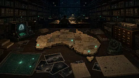 Pixel art Australian government archive reading room with case files arranged as a map of Australia, radar plots and evidence photographs