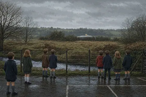 Pixel art reconstruction of Broad Haven pupils watching a distant silver object beyond their rain-soaked Welsh school playground