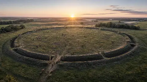 Archaeological reconstruction of the circular Chleby earthwork at sunrise with its ditch and twelve entrances