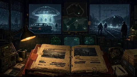 Pixel art Australian intelligence archive with UFO reports from Brazil and a French railway encounter displayed as evidence files