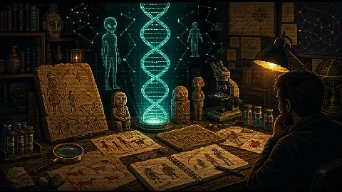 Pixel art archaeology research table with ancient artifacts and a glowing DNA helix for DNA alteration myths