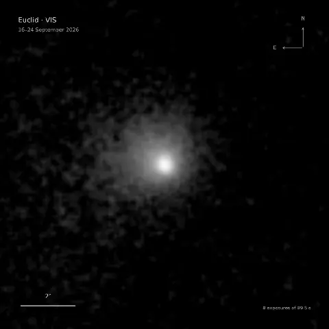 Annotated Euclid close-up showing the bright centre and diffuse coma of comet C/2026 S1