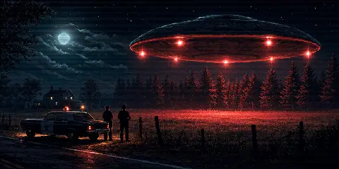 Pixel art New Hampshire field with police witnesses, a patrol car, and a large UFO with red lights above the trees