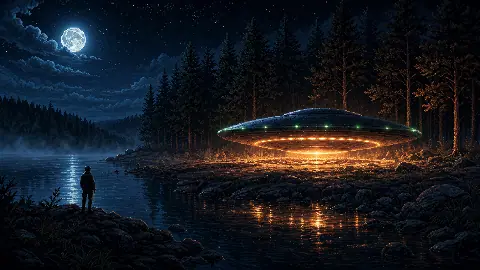 Pixel art Falcon Lake forest landing scene with a lone witness, moonlit water, and a glowing disc-shaped object