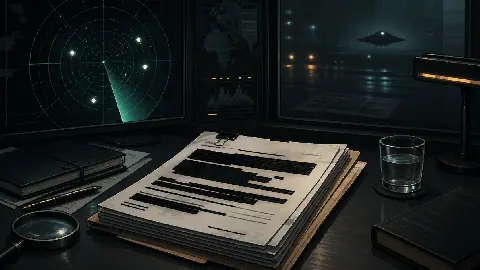 Redacted Five Eyes UAP transparency dossier on an evidence-room desk with radar screens and an unidentified aerial object outside a window