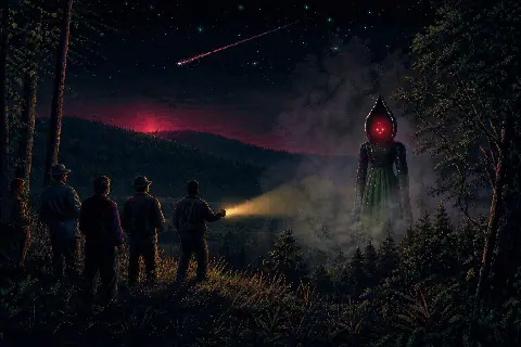 Pixel art Flatwoods, West Virginia hillside with witnesses, a meteor trail, and a tall spade-headed figure in the trees