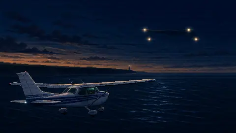 Pixel art Cessna 182 flying over Bass Strait near four ambiguous lights shortly after sunset