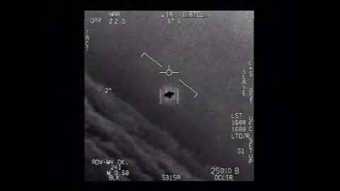 Official DVIDS frame from later in the GIMBAL UAP video showing the tracked object appearing darker and rotated