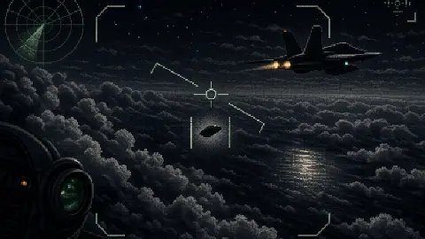 Pixel art Navy sensor view tracking a dark oval GIMBAL-style UAP above night clouds