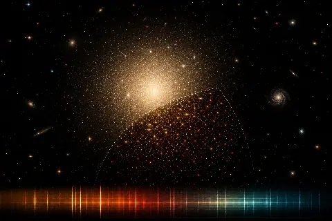 Conceptual ancient galaxy revealing a dense population of faint low-mass stars beneath its brightest stars