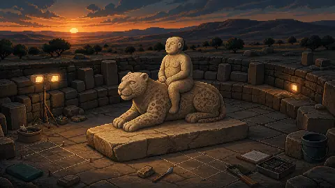 Pixel art concept of a limestone human-on-leopard sculpture in a Karahantepe-style Neolithic excavation trench at dusk