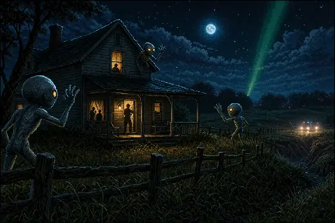 Pixel art rural Kentucky farmhouse at night with small glowing-eyed figures outside and police lights in the distance