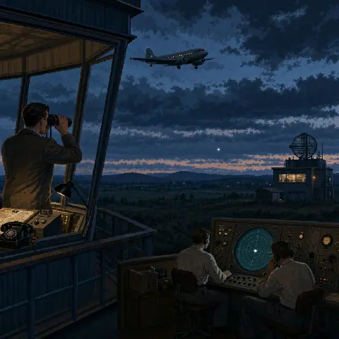 Pixel art reconstruction of a 1957 Launceston air traffic controller observing a white light while Cambridge meteorological staff monitor radar