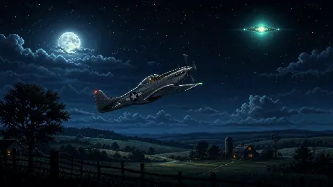 Pixel art F-51 Mustang climbing toward a bright object over Kentucky