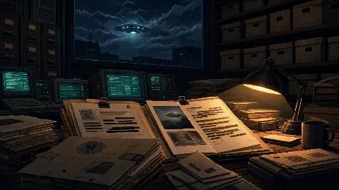Pixel art government UFO archive with declassified folders, infrared video screens, and anomalous image files