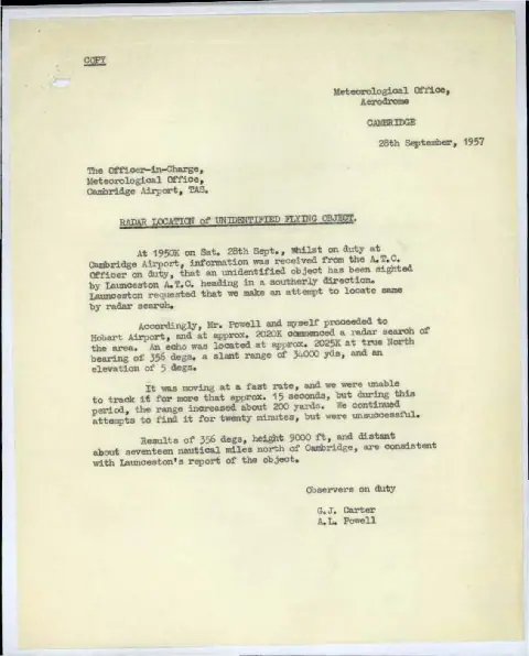 G J Carter and A L Powell's report of a 15-second radar echo north of Cambridge Airport in September 1957