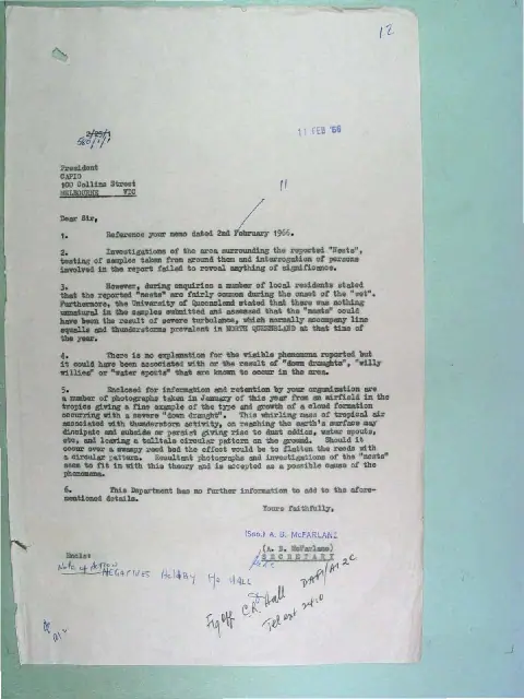 RAAF letter dated 11 February 1966 assessing the Tully saucer nest and visible phenomenon