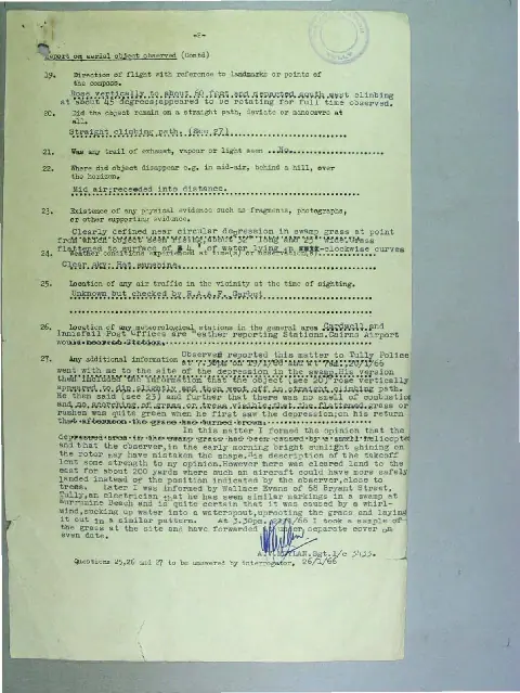 Second page of the Tully UFO report describing the flattened reeds and police inquiries