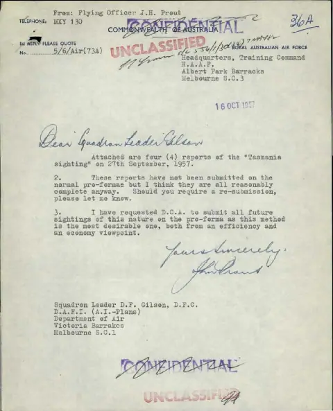 RAAF Training Command letter forwarding four reports of the September 1957 Tasmania sighting