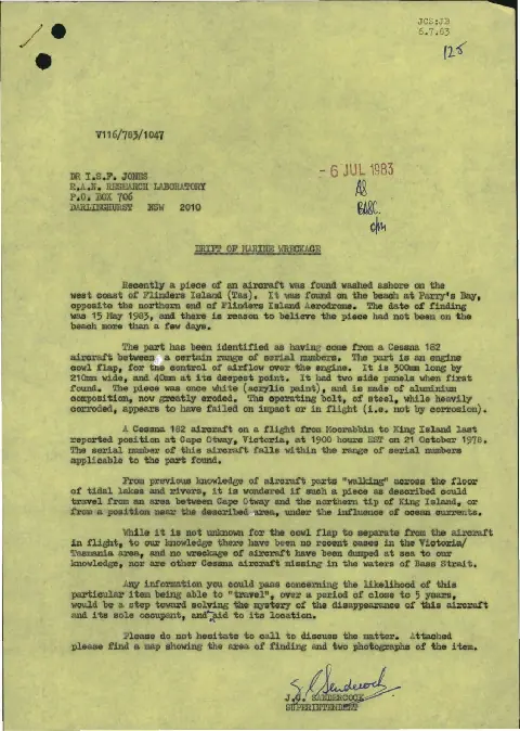 1983 Department of Transport letter describing a Cessna 182 engine cowl flap found on Flinders Island