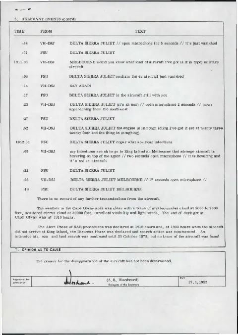 Final page of the Valentich accident summary showing the search result and undetermined cause