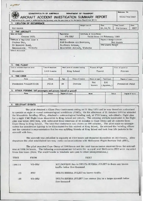 First page of the Department of Transport accident summary for Cessna 182L VH-DSJ