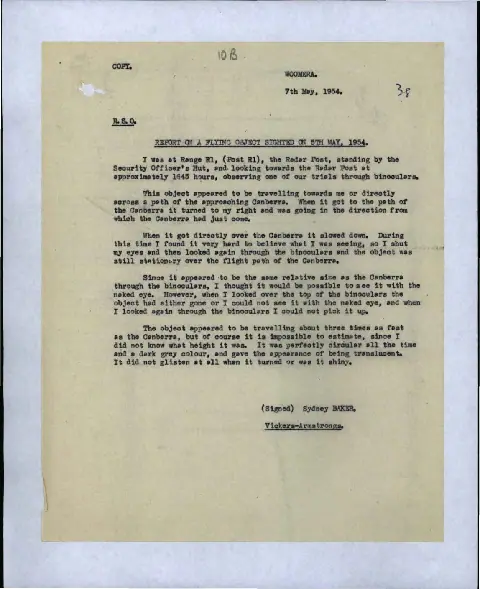 Sydney Baker's 7 May 1954 statement describing a dark grey circular object near a Canberra at Woomera